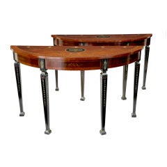 PAIR OF MAHOGANY AND PAINTED DEMI LUNE CONSOLE TABLES