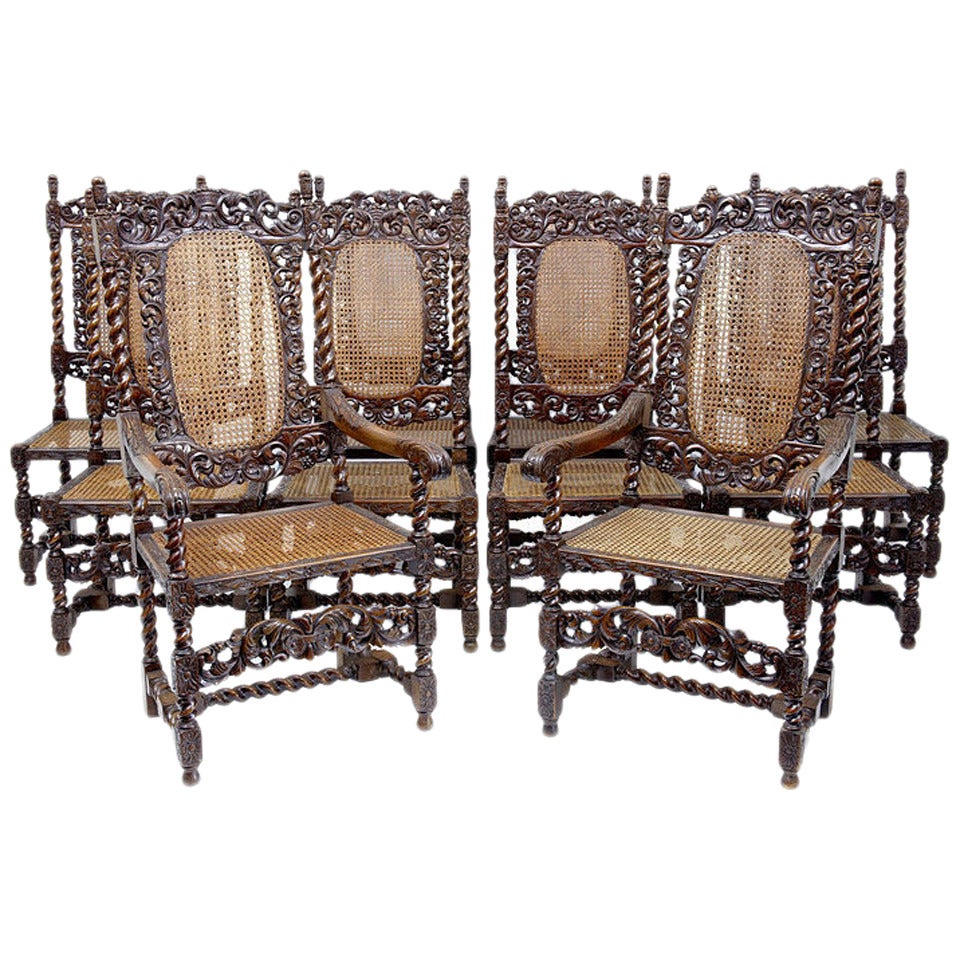 Set Of 10 19th Century Walnut Carolean Style Dining Chairs