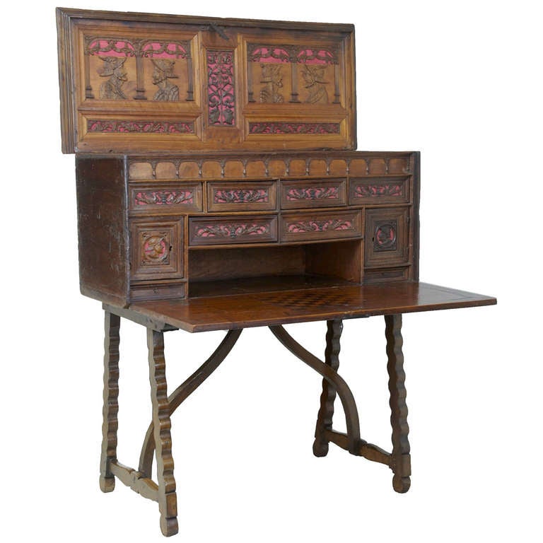 17th Century Spanish Carved Walnut Vaqueno On Stand Writing Desk at 1stDibs