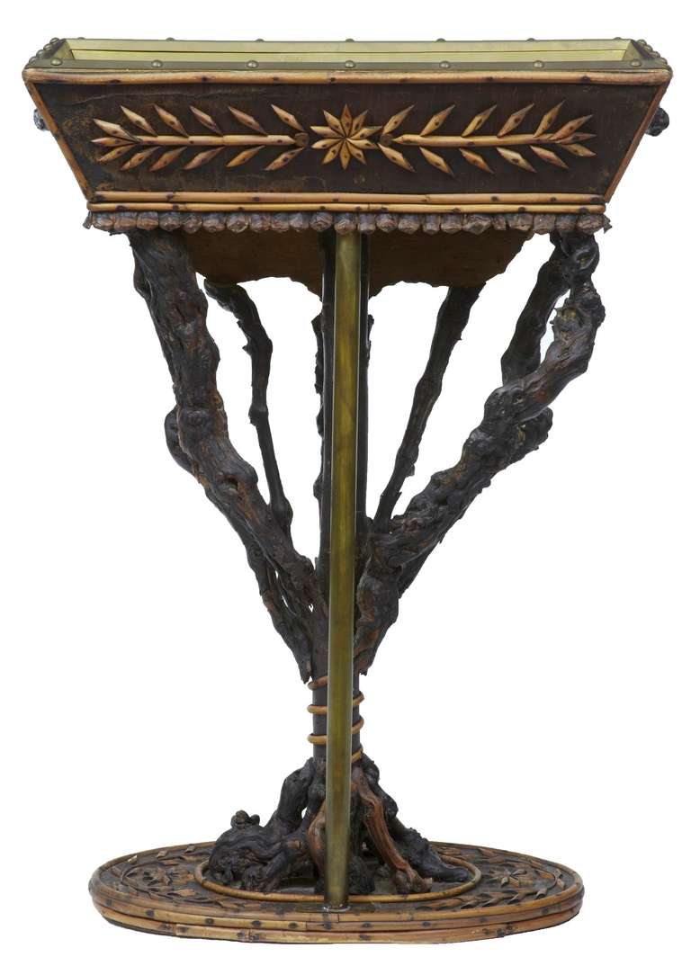 German 19th Century Carved Wood Planter With Brass Liner