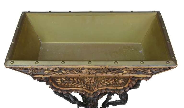 19th Century Carved Wood Planter With Brass Liner 1