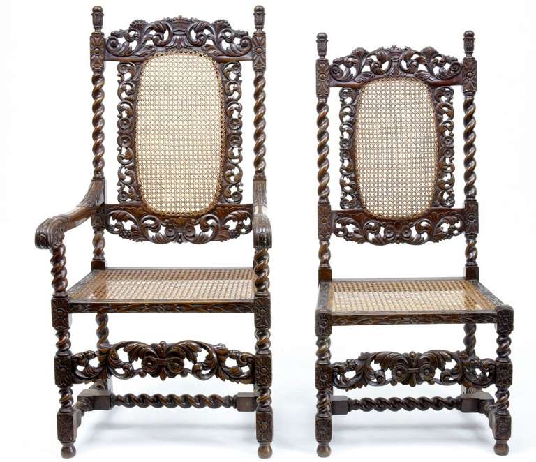 England
19th Century
Set Of 10 19th Century Walnut Carolean Style Dining Chairs.

Beautiful and rare set of carved walnut and cane chairs.

Cane work is complete. 

SEAT HEIGHT OF ARMCHAIR - 18 1/2