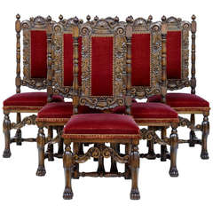 Antique Set of Six 1920s Baroque Influenced High Back Dining Chairs