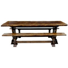 STUNNING PIPPY OAK REFECTORY TABLE WITH PAIR OF BENCHES