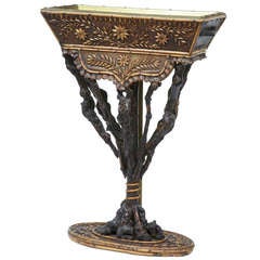 19th Century Carved Wood Planter With Brass Liner