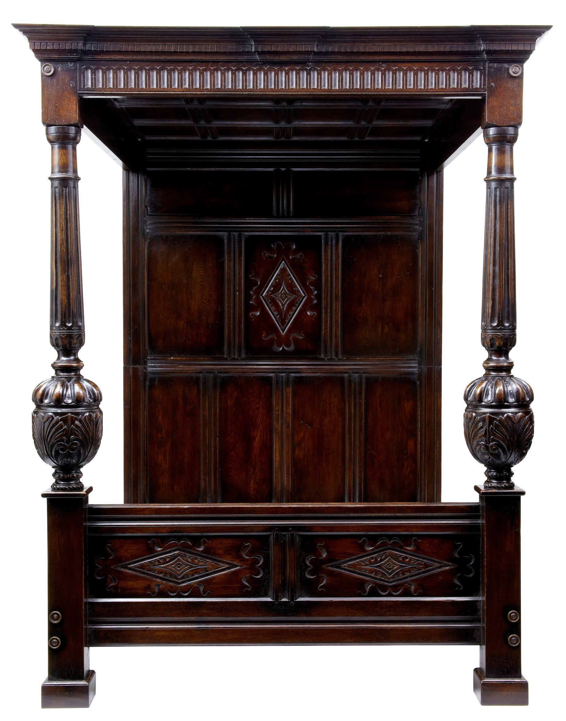 16th Century Influenced English Hand Carved Oak Four Poster Bed