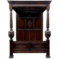 16th Century Influenced English Hand Carved Oak Four Poster Bed