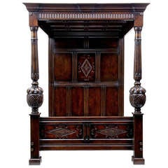 16th Century Influenced English Hand Carved Oak Four Poster Bed