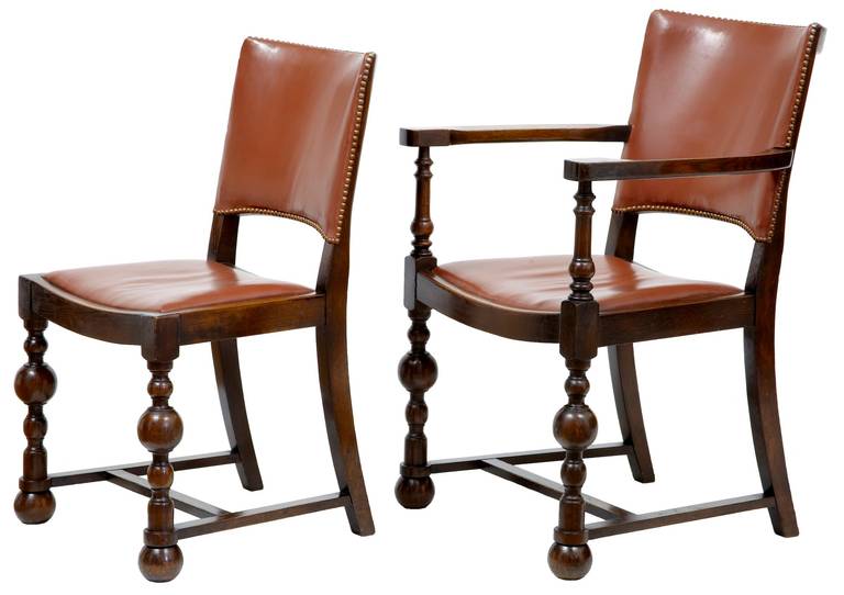 Set of Ten 1920s Oak Cromwellian Influenced Leather Dining Chairs