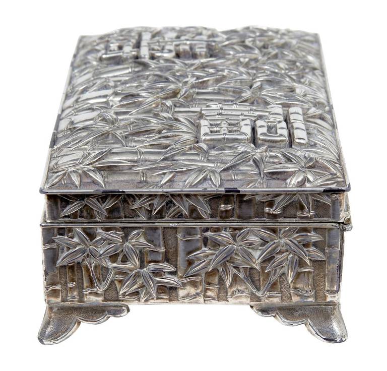 Cast 20th Century Silver Plate Chinese Bamboo Decorated Tobacco Box