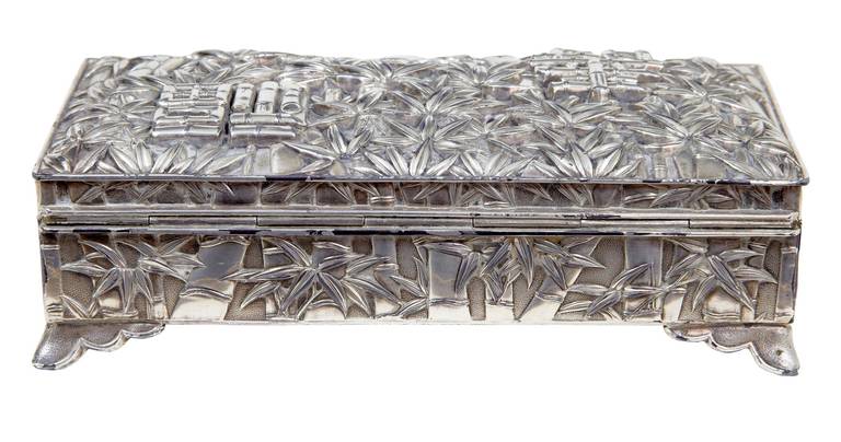 20th Century Silver Plate Chinese Bamboo Decorated Tobacco Box In Fair Condition In Debenham, Suffolk