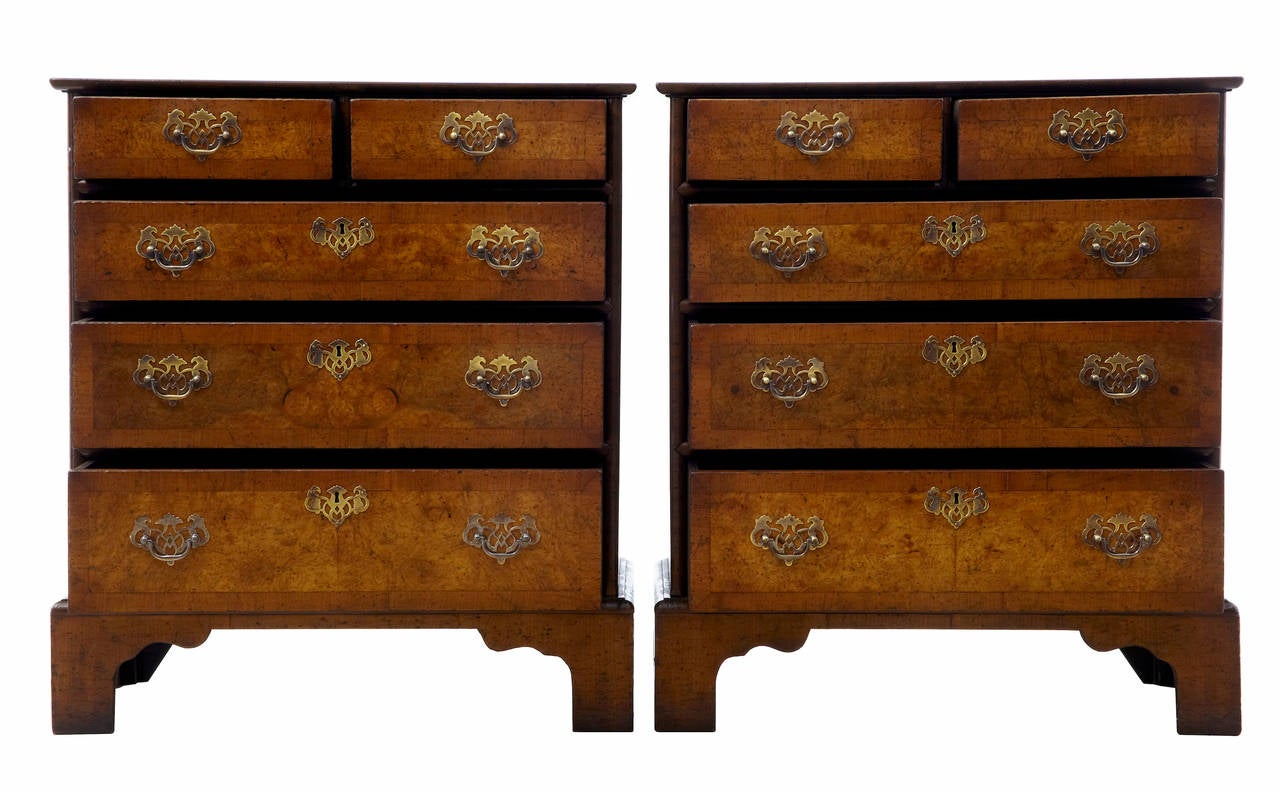 Pair of small walnut five-drawer chest of drawers 
Excellent quality reproduction pair of small chest of drawers.
Made in the Georgian taste and with excellent veneers.
Two over three drawers standing on bracket feet.

Measures: Height: