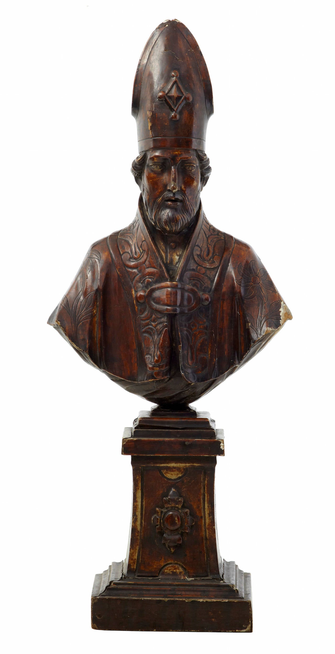 Spanish carved bust of a bishop circa 1840.
Made in limewood with original gesso and paint.
Mounted on original pedestal.
Losses and splits please see pictures.

HEIGHT: 53 3/4