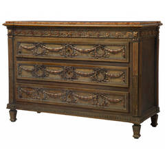 19th Century Carved French Marble-Top Commode Chest of Drawers