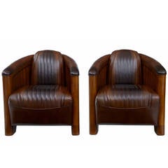 Pair of Art Deco Influenced Walnut Club Chairs