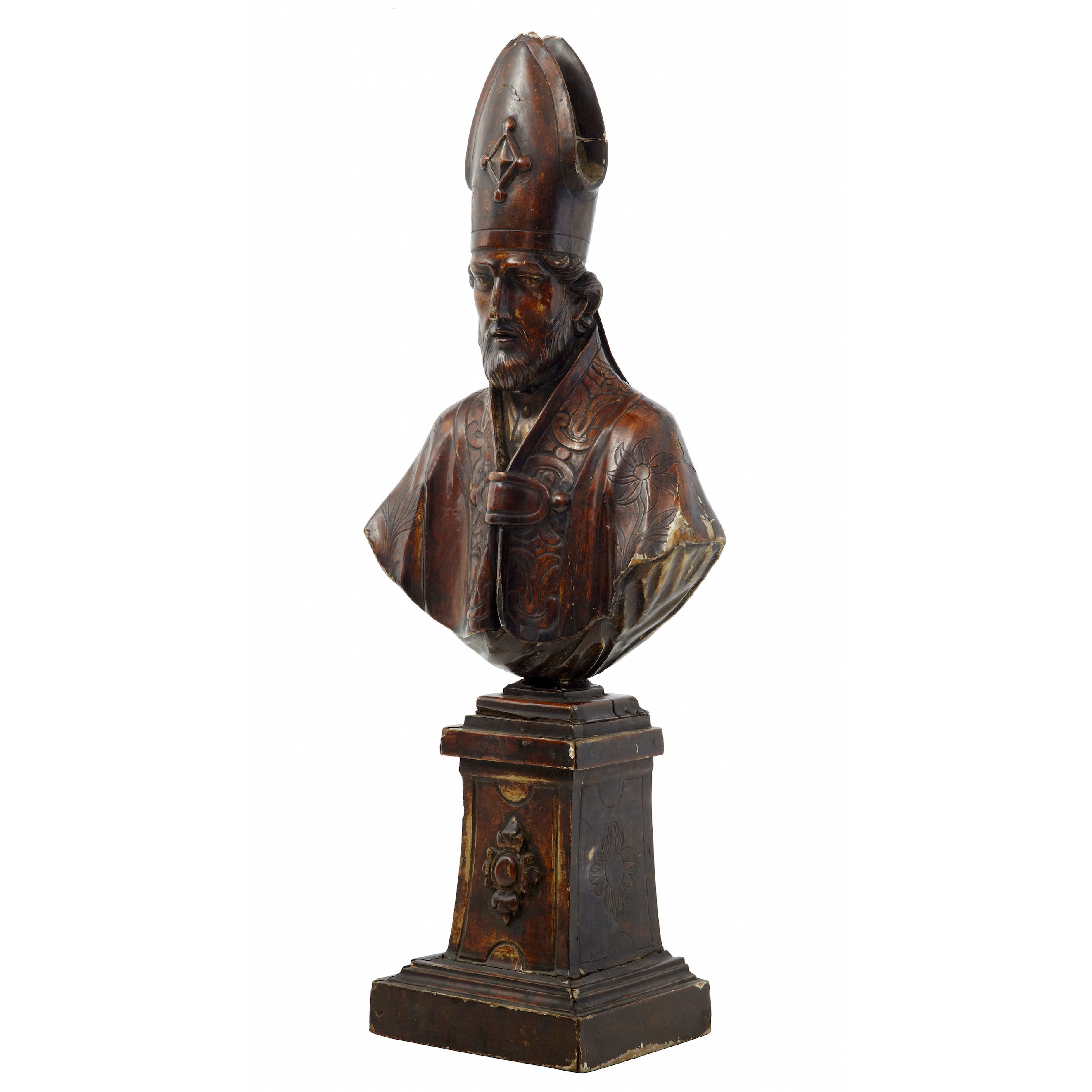 19th Century Spanish Carved Lime Wood Bust of a Bishop