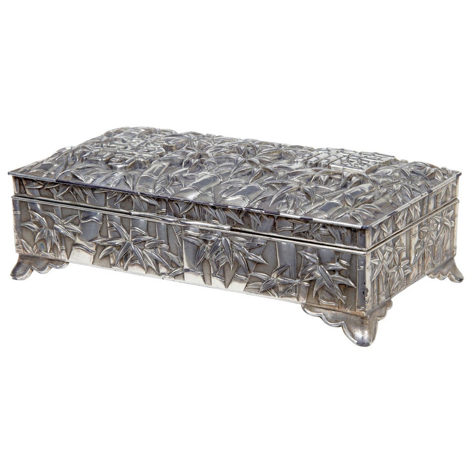 20th Century Silver Plate Chinese Bamboo Decorated Tobacco Box