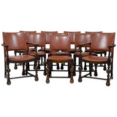 Set of Ten 1920s Oak Cromwellian Influenced Leather Dining Chairs