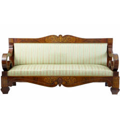Stunning 19th Century Biedermeier Mahogany Inlaid Scroll Arm Sofa