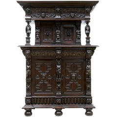 Antique 19th Century Carved Flemish Oak Court Cupboard Buffet