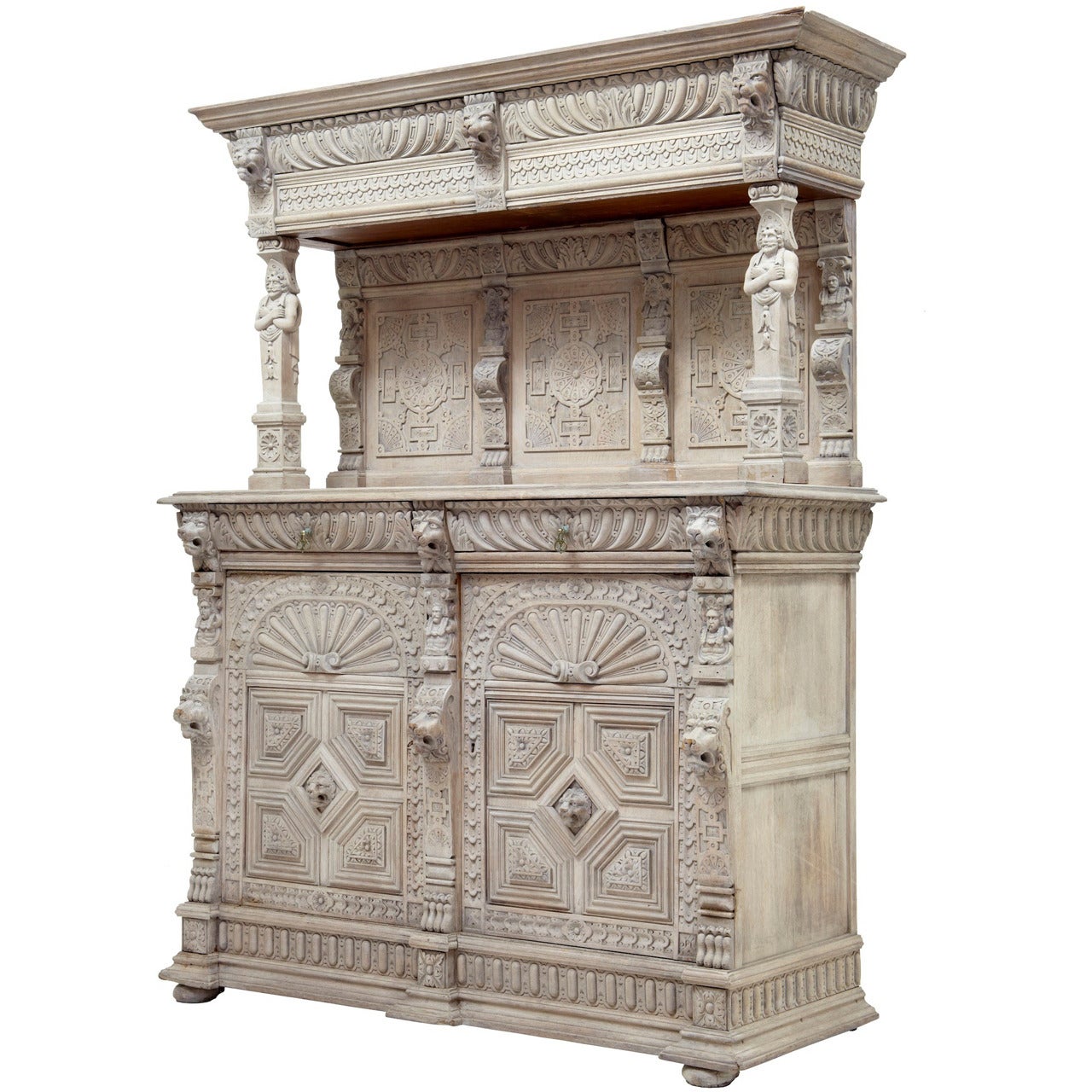 19th Century Carved Limed Oak Flemish Court Cupboard Buffet