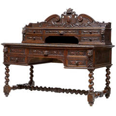 19th Century Carved Oak Victorian Library Desk