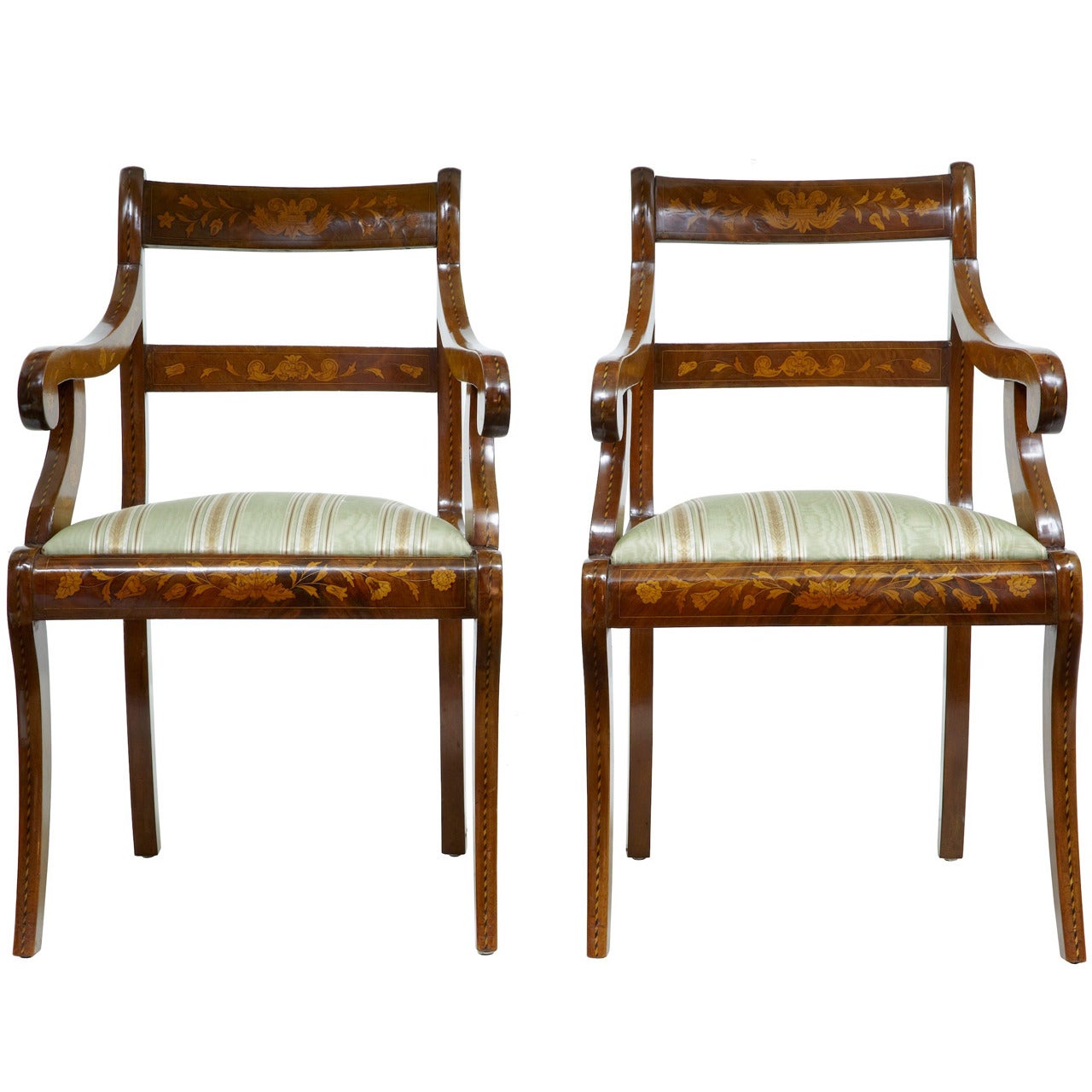 Pair of 19th Century, Dutch Walnut Marquetry Armchairs