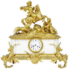 19th Century French Gilt and Marble Huntscene Mantel Clock