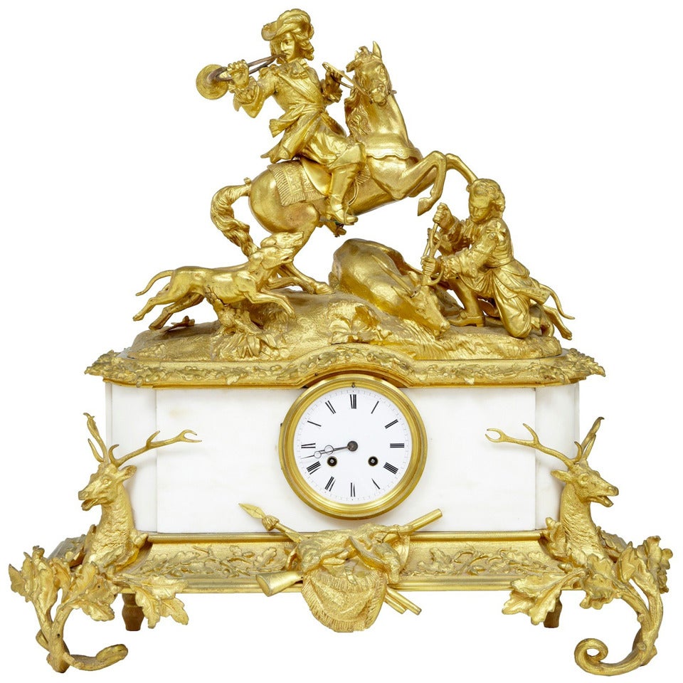 19th Century French Gilt and Marble Huntscene Mantel Clock