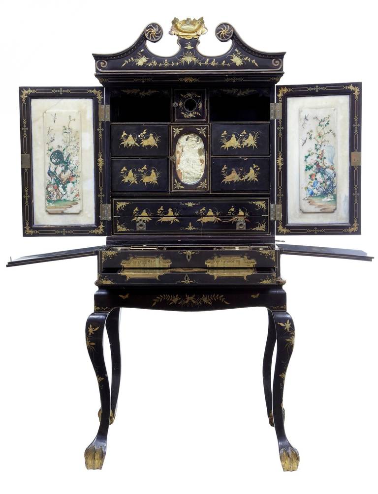 19th Century Chinese Canton Black Laquered Desk Cabinet