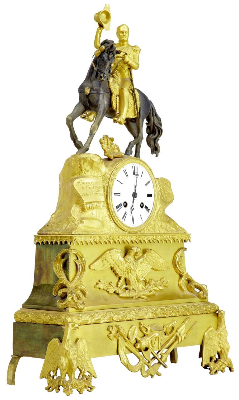 Fine quality french gilt ormolu mantel clock circa 1830 

Depicts napoleon on his horse 'marengo' celebrating his final victory in his ulm campaign, which was a victory against the austrians. 

Inscribed one side 'capitulation d'ulm 17 1805' and