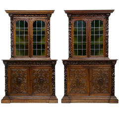 Pair of 19th Century Flemish Carved Oak Corner Cupboards Cabinets