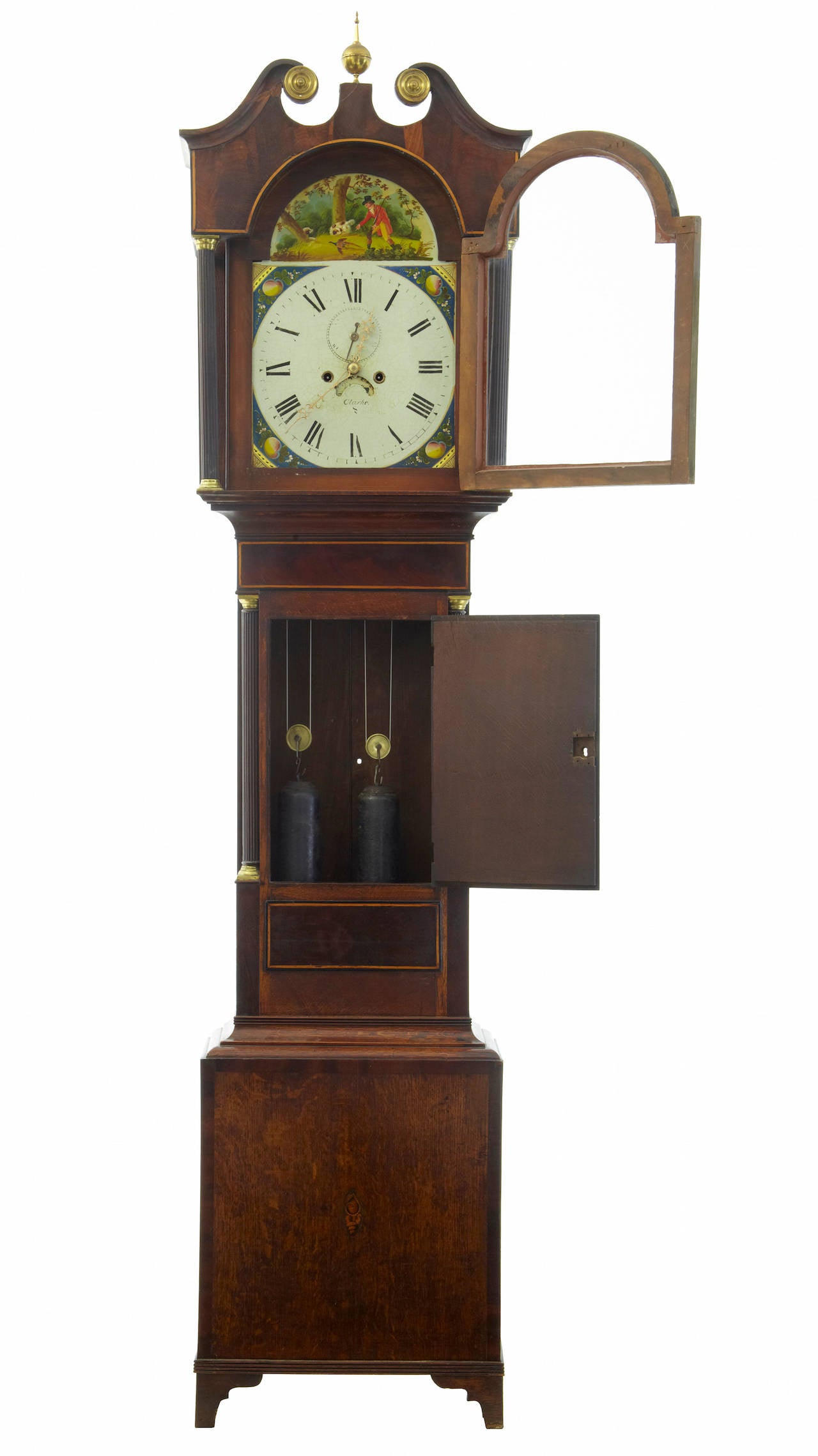 Mahogany and oak longcase clock circa 1850.
Inlaid with shells to the door and base.
Mahogany strung with satinwood.
Painted clock face depicts a pheasant hunt scene and is signed clarke.
Fully working and professionally restored.
Restorations