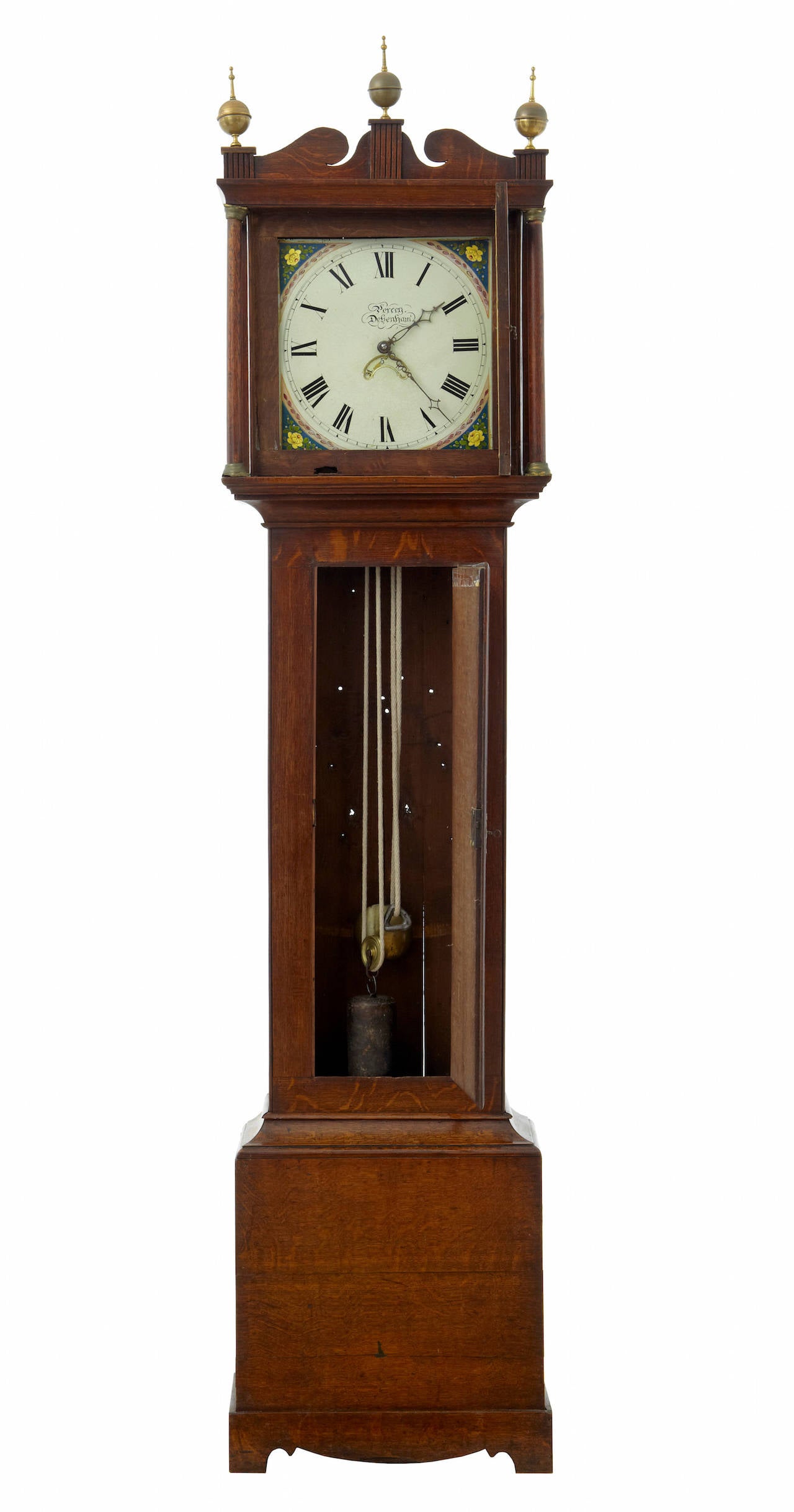 Oak longcase clock with painted dial circa 1780.Original painted dial signed 'percey debenham'30 hour fully restored movement with pull cord wind on.Standing in original oak case with minor restorations.

HEIGHT: 79 1/2