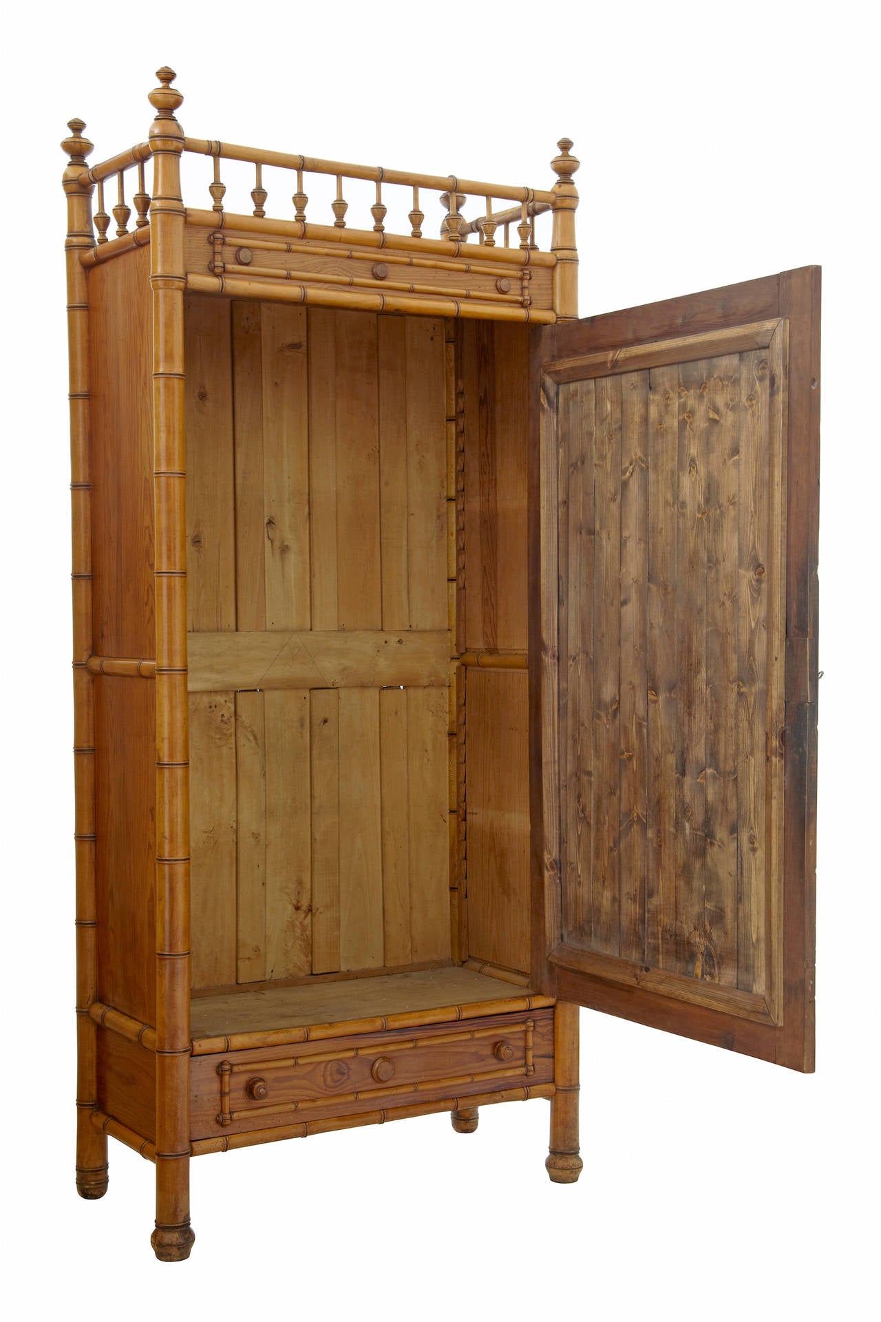 Stylish piece of french furniture circa 1880.
Original mirror to the single door with drawer below.
Frame made from carved pine faux bamboo with turnings to the top gallery.
Beautiful color and patina
Evidence of old treated worm

Fittings for