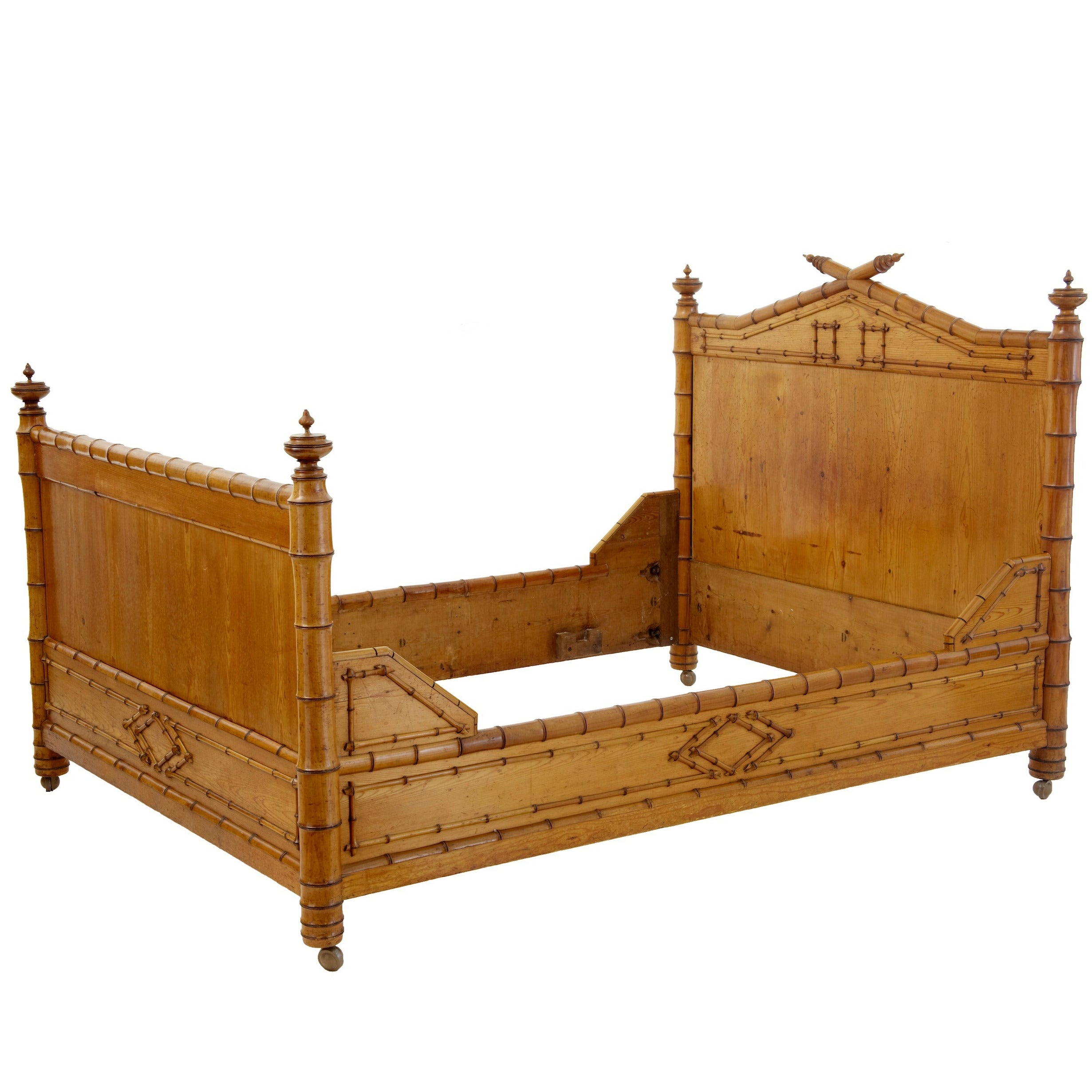 19th Century French Carved Faux Bamboo Pine Double Bed Frame