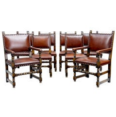 Set Of 8 Cromwellian Oak Leather Dining Chairs