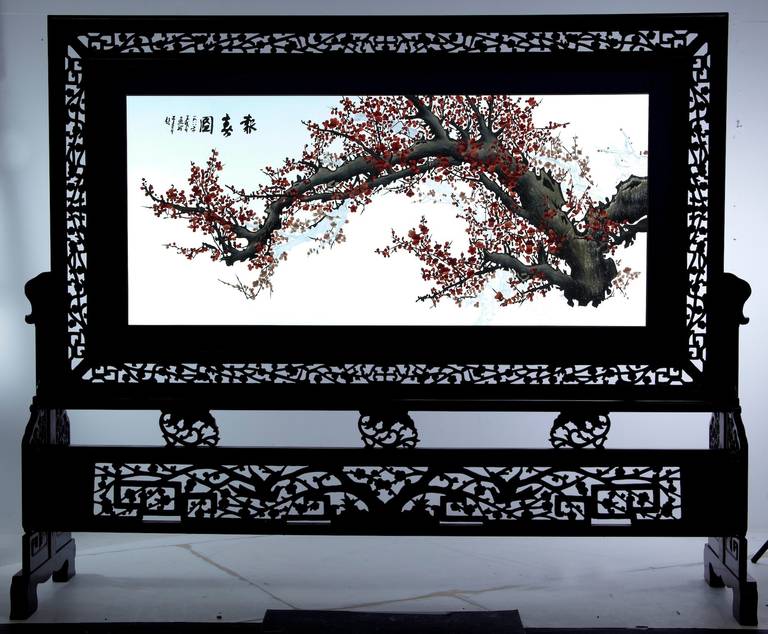 A real statement piece of Chinese artwork, circa 1900. 

Stunning piece of silk work using the Suzhou interests of geographical conditions and outdoor life. 

Displayed in a carved hard wood frame which allows the silk to be backlit and act as a