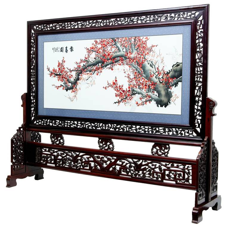 Chinese Export Impressive Chinese Suzhou Silk Embroidery in Carved Hardwood Frame and Stand