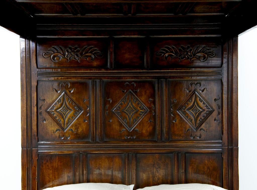 20th Century English Oak Carved Four Poster Bed