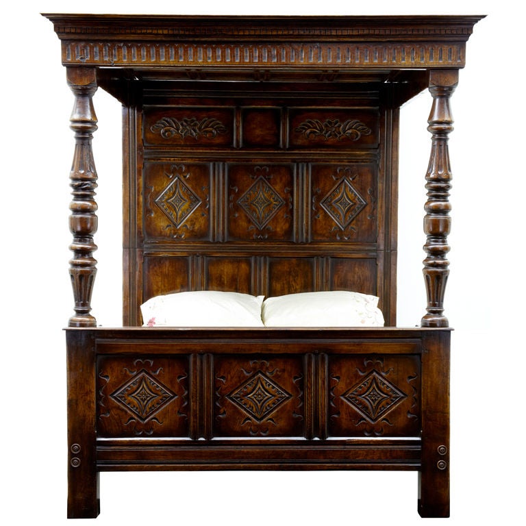 English Oak Carved Four Poster Bed