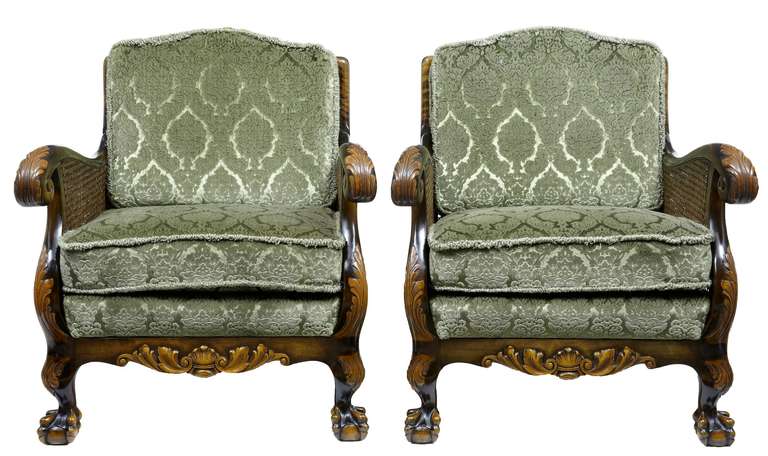 Here We Have An Ornate Carved Birch Swedish Bergere Suite Comprising Of A Sofa And 2 Armchairs. 

Standing On Ball And Claw Feet. 

Upholstery Is In Excellent Clean Condition. 

Circa 1920 

Sofa Measurements: 

Height: 32