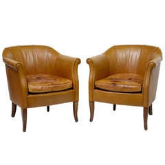 Antique Pair of Early 20th Century French Leather Tub Chairs