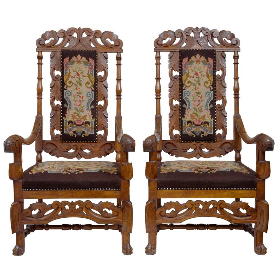 Pair of 19th Century Oak Throne Armchairs