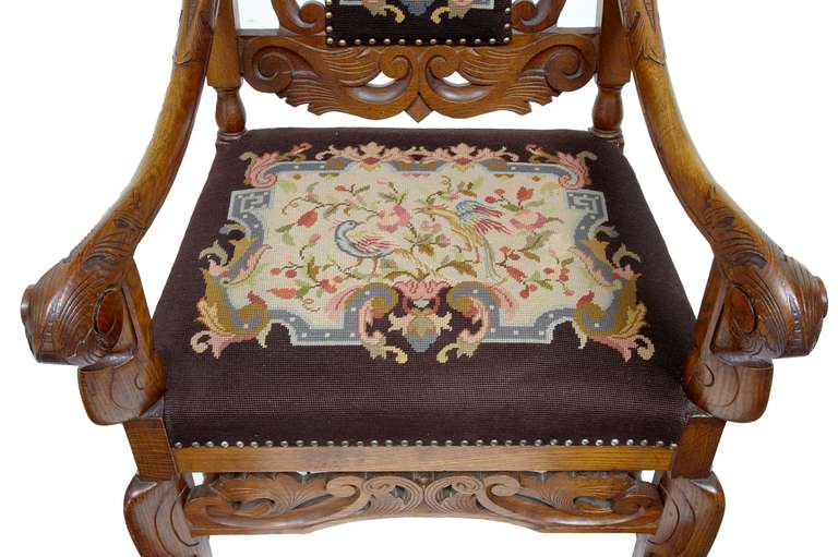 Hand-Carved Pair of 19th Century Oak Throne Armchairs