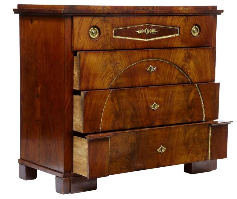 Early 19th century Swedish mahogany secretaire chest of drawers

Stunning secretaire chest, Fall drops down to provide writing surface and reveal a fitted interior of drawers and central tabernacle. Continues with a further three drawers.