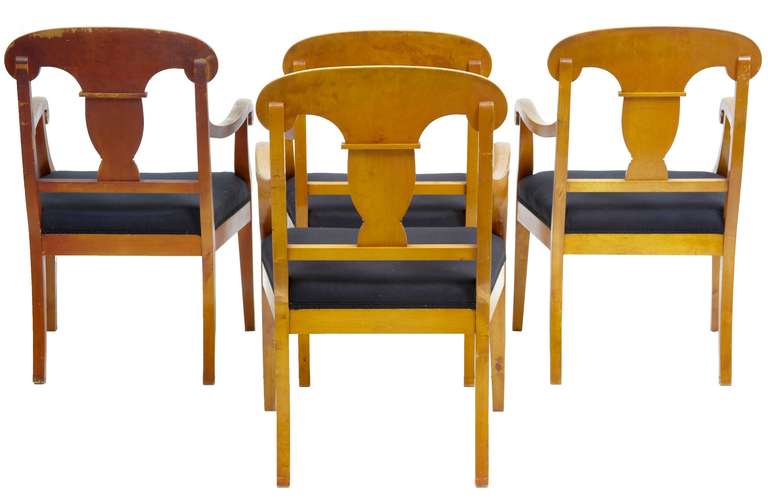 Set of four 19th century birch armchairs

A fine set of birch armchairs, recently recovered fabric 

Measures: Height 36 3/4

Width 24 1/4

Depth 22 1/2

Seat height 18 1/2

Seat depth 19 1/4.
