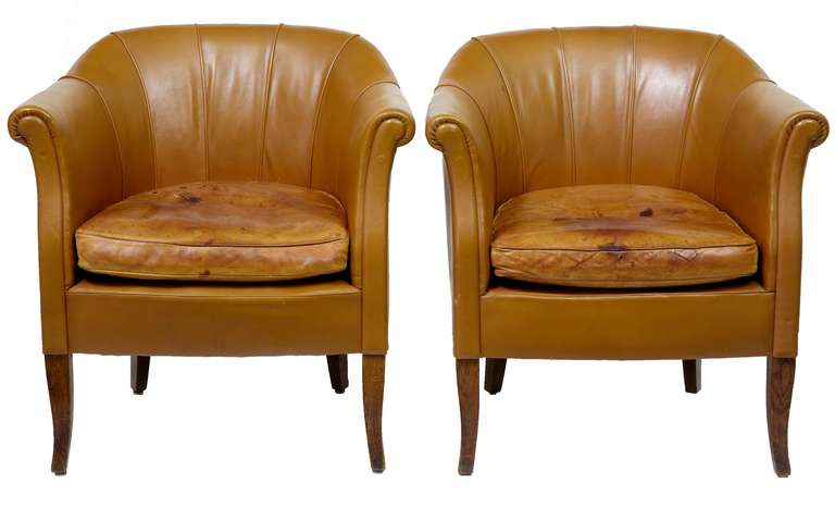 Pair of Early 20th Century French Leather Tub Chairs