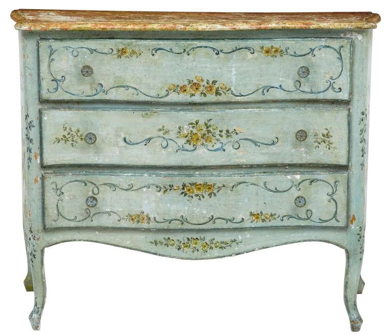 Very rare to find chests like these in the original condition and here is a fine example.  Original simulated top. 3 drawer chest with painted oriental figures taking their influence from the strong trade routes.  Minor paint losses.