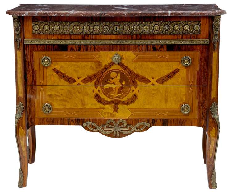 Profusely Inlaid With Mahogany/kingwood And Various Woods. 

Marble Top. 

3 Drawers 

Circa 1900 

Adorned With Ormulu Mounts. 

Stunning Commode.